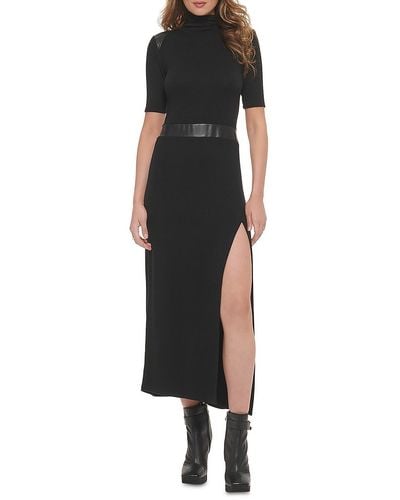 DKNY Faux Leather Trim Long Maxi Dress - Black