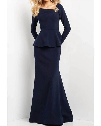 Jovani Peplum Long Sleeve Evening Gown - Blue
