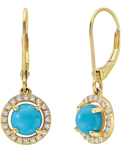Fine Jewelry Diamond Halo Real Turquoise Round Cabochon Drop Earrings 14k Gold - Blue