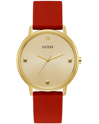 Guess Factory Tone And Red Analog Watch