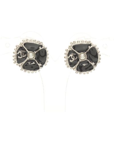 Chanel Coco Mark Camellia Earrings Fake Pearl Silver F23k - Metallic