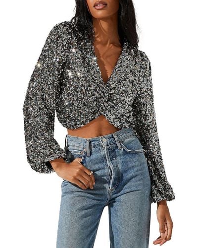 Astr Sequined Front Twist Cropped - Gray