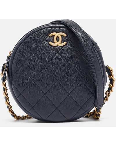 Chanel Navy Quilted Caviar Leather Round Camera Crossbody Bag - Blue