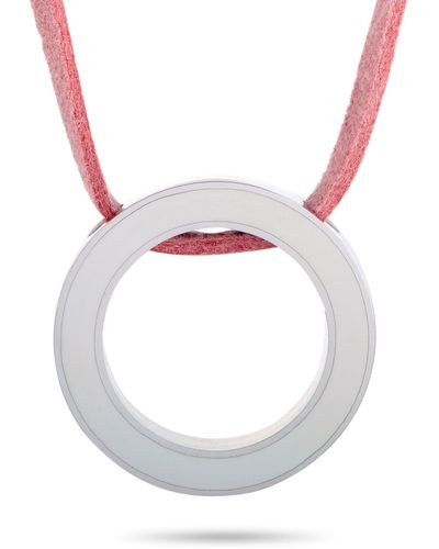 Movado Breast Cancer Awareness Sterling Silver And Enamel Circle Pink Leather Cord Necklace