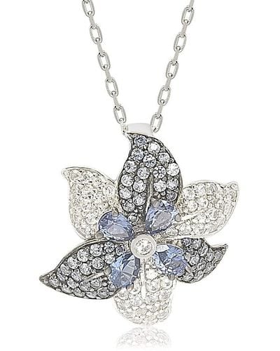 Suzy Levian Sterling Silver Sapphire And Diamond Accent Exotic Flower Pendant Necklace - Blue