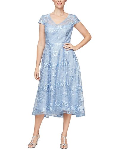 Alex Evenings Lace Overlay Mid Calf Evening Dress - Blue