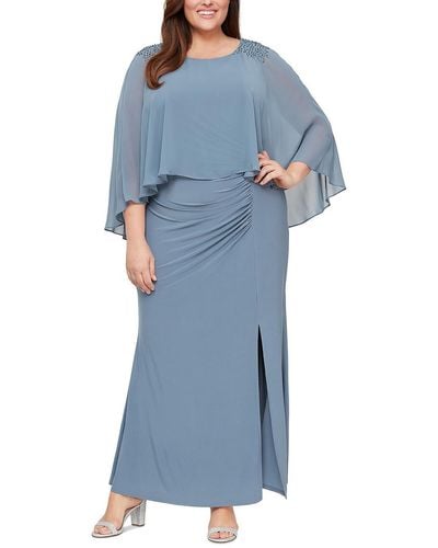 SLNY Plus Beaded Popover Evening Dress - Blue
