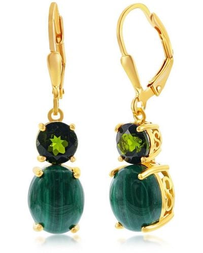 Simona Sterling Silver Oval Malachite W/ Round Chrome Diopside Earrings - Gold Plated - Green