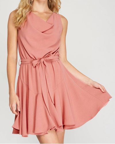 She + Sky Sleeveless Cowl Neck Flounce Woven Dress With Sash - Pink