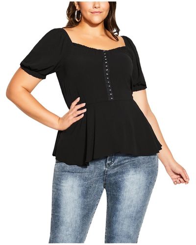 City Chic Plus Quirky Georgette Ruffled Pullover Top - Black