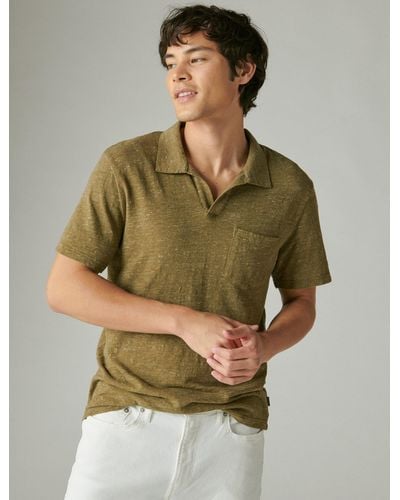 Lucky Brand Linen Short Sleeve Johnny Collar Polo In Olive in
