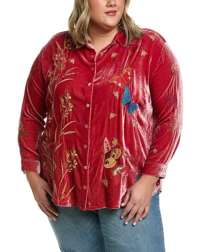 Johnny Was Plus Aria Oversized Silk-blend Shirt - Red