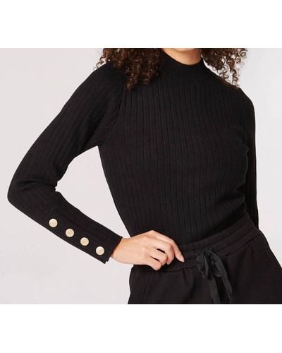 Apricot Ribbed Mock Neck Gold Button Sweater - Black