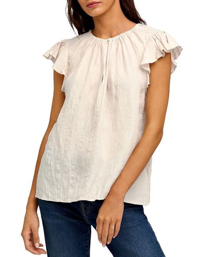 Velvet Pleated Round-neck Pullover Top - Natural