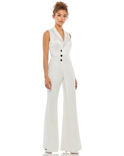 Ieena for Mac Duggal Asymmetrical Sleeveless Faux Tuxedo Jumpsuit - White