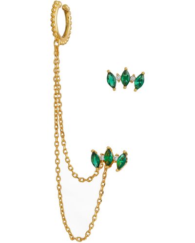 Savvy Cie Jewels 18k Gold Hoop Chain + Climber - Green