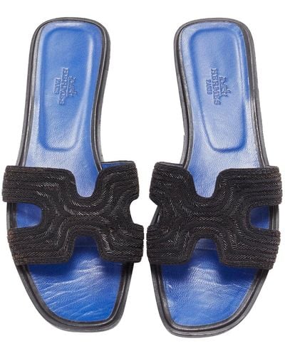 Hermès Hermes Oran H Logo Iconic Black Beaded Insole Sandals Shoes - Blue