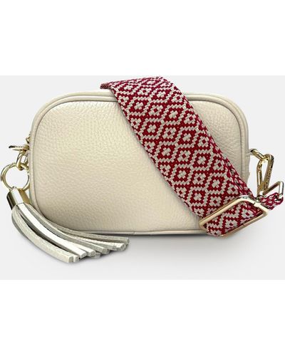 Apatchy London The Mini Tassel Stone Leather Phone Bag With Red Cross-stitch Strap - White