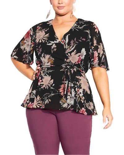 City Chic Floral Print Pullover Top - Black