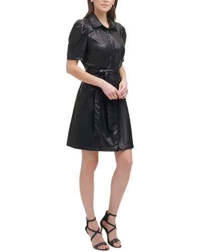 DKNY Petites Faux Leather Belted Shirtdress - Black