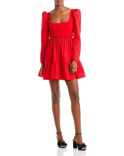 Aqua Mini Puff Sleeve Fit & Flare Dress - Red