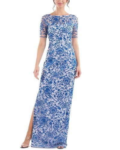 JS Collections Mesh Embroidered Evening Dress - Blue