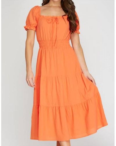 She + Sky Short Puff Sleeve Woven Print Midi Dress - Orange