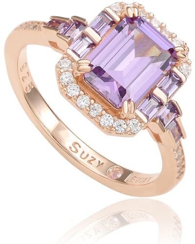 Suzy Levian Rose Sterling Silver Amethyst Emerald Cut Cubic Engagement Ring - Pink