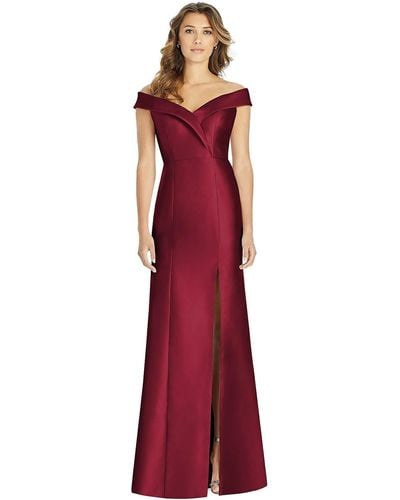Alfred Sung Off-the-shoulder Cuff Trumpet Gown With Front Slit - Red