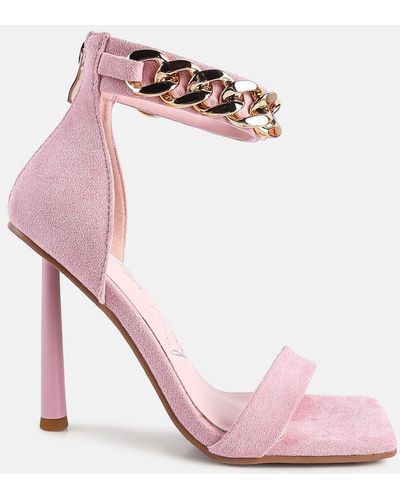 LONDON RAG Last Sip Heeled Faux Suede Chain Strap Sandals - Pink