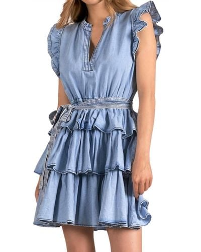 Elan Ruffled Sleeve Tiered Dress - Blue