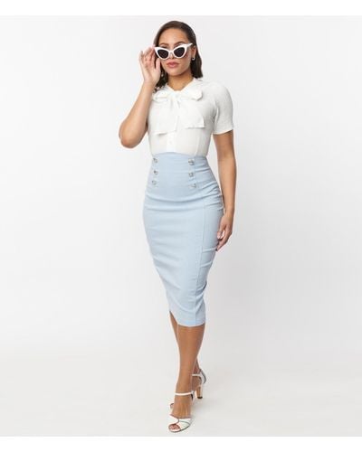 Unique Vintage & White Gingham Sailor Sierra Pencil Skirt - Blue