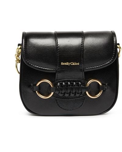 See By Chloé Saddie Gold Tone Logo Foldover Top Leather Shoulder Handbag - Black