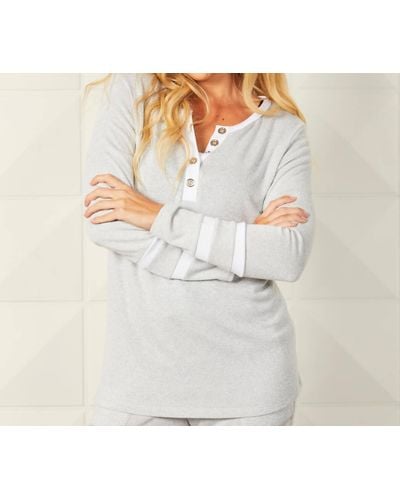 French Kyss Button Crew Neck With Stripe Sleeves Top - White