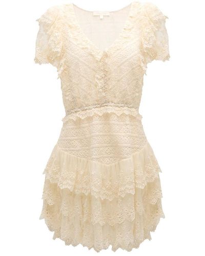 Love Moschino Loveshackfancy Cerilo Tiered Ruffle Embroidered Lace Mini Dress - Natural