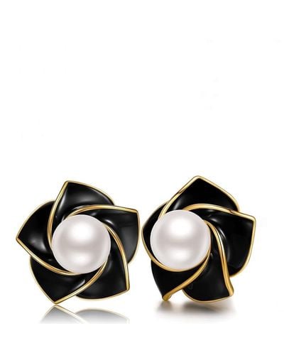 Liv Oliver 18k Gold White Pearl & Black Enamel Post Earrings