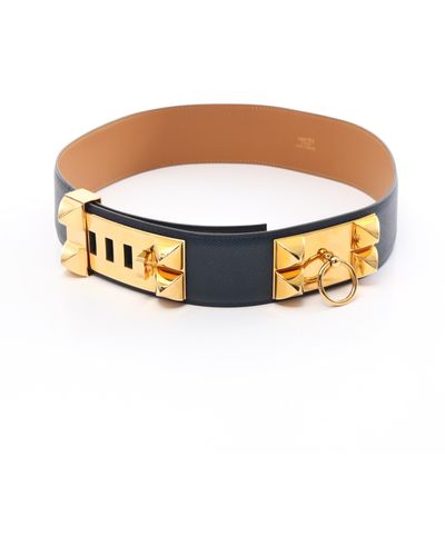 Hermès Collie Cyan Medor Belt Courchevel Navy Gold Hardware ○x Stamp - Metallic