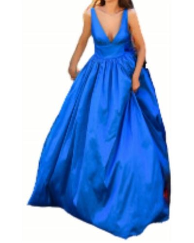 Tarik Ediz V-neck Prom Dress In Turquoise - Blue