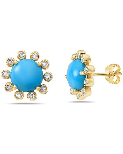 Fine Jewelry Floral Diamond Halo Round Real Turquoise Cabochon Halo Earrings 18k Gold - Blue