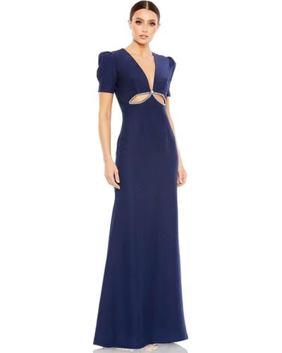 Ieena for Mac Duggal Puff Sleeve Embellished Cutout Evening Gown - Blue