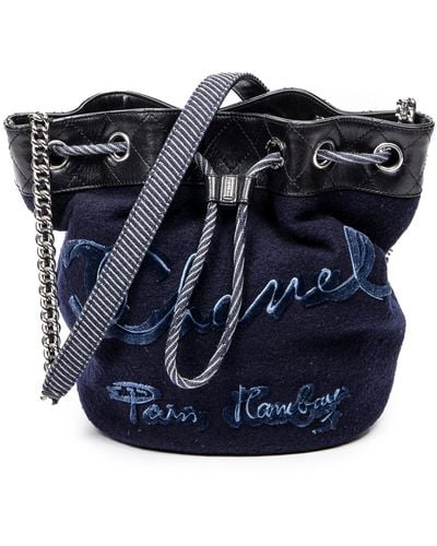 Chanel Embroidered Wool Bucket Chain Bag - Blue