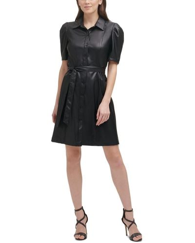 DKNY Faux Leather Knee Shirtdress - Black