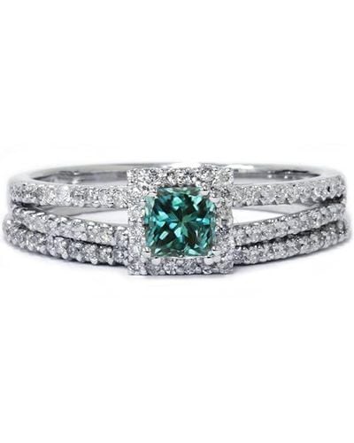 Pompeii3 3/4ct Blue Diamond Princess Cut Halo Diamond Engagement Ring Set - Gray