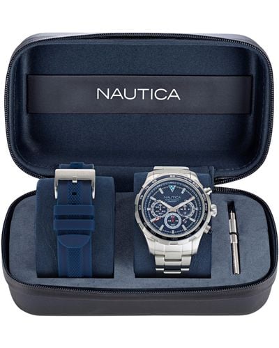 Nautica Nst Stainless Steel And Silicone Watch Box Set - Blue