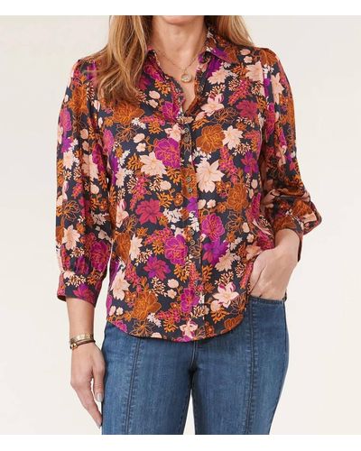 Democracy 3/4 Sleeve Floral Print Top In Navy Baton Rouge - Red