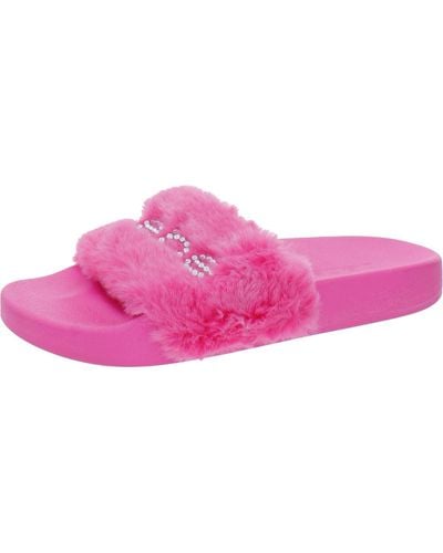 Bebe Furiosa Faux Fur Rhinestone Slide Slippers - Pink