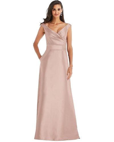 Alfred Sung Off-the-shoulder Draped Wrap Satin Maxi Dress - Pink