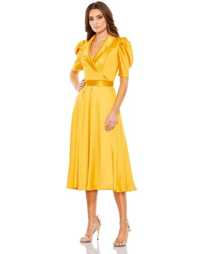 Ieena for Mac Duggal Satin Lapel Puff Sleeve Tea Length Dress - Yellow