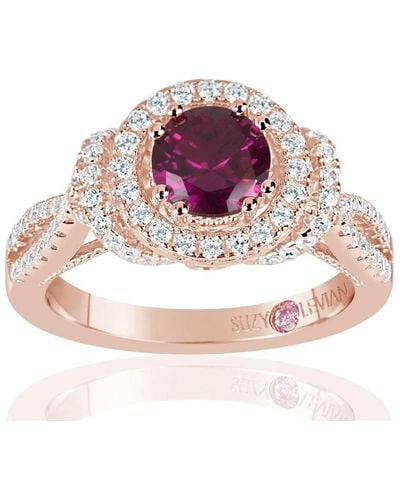 Suzy Levian Rose Sterling Silver Created Ruby And White Cubic Zirconia Anniversary Ring - Red