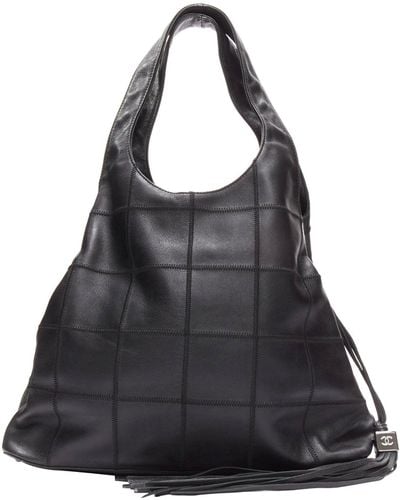 Chanel Ruthenium Cc Logo Square Stitched Tassel Shoulder Hobo Bag - Black